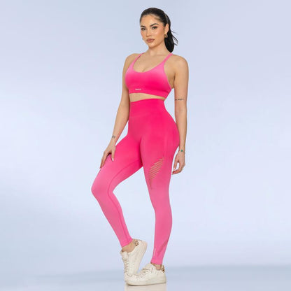 SHAFITS Christmas Holiday Gift Xmas Women'S Gradient Yoga Set – Viral Matching Workout Outfit, Crisscross Padded Sports Bra & High-Waisted Mesh Leggings with Tummy Control,All-Day Wear